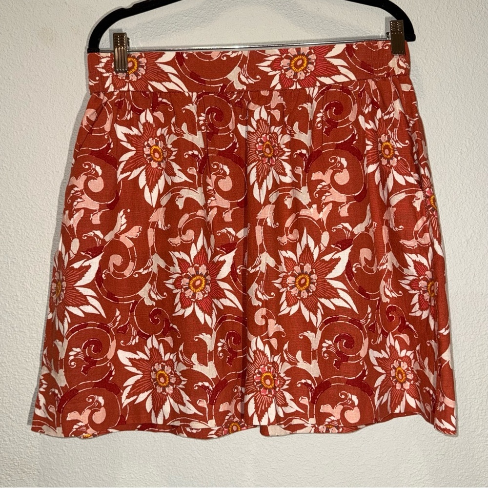 LOFT Linen Rust mini Floral Mini Skirt for Casual Resort Wear pockets M Medium